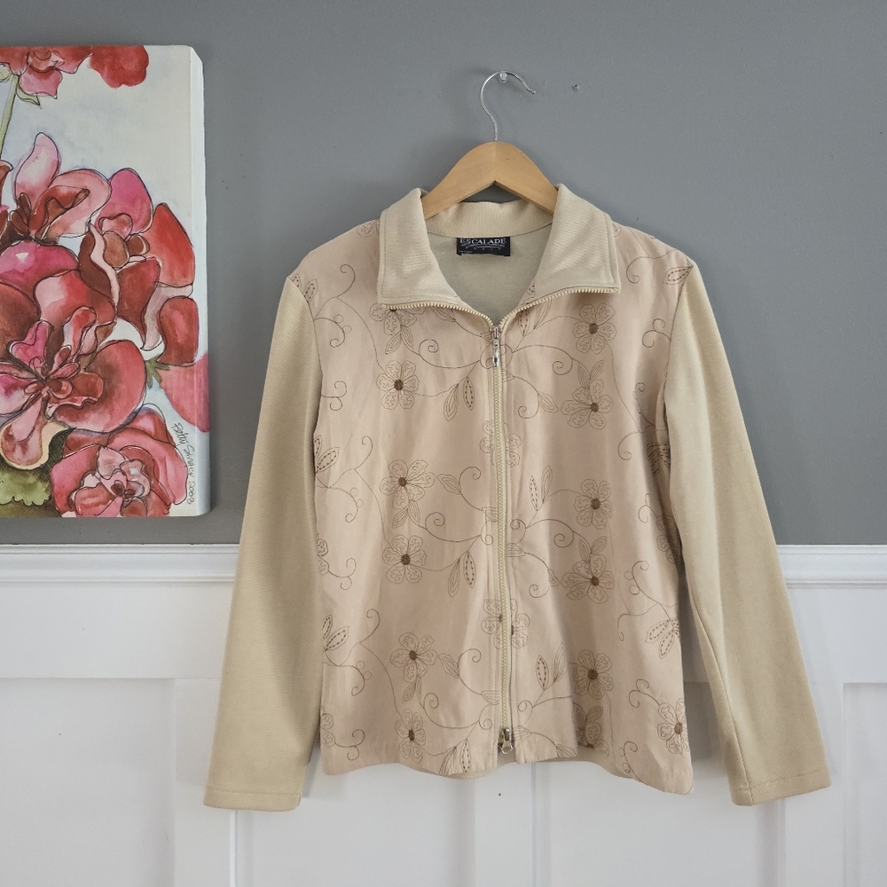 Vintage Escalade Paris Beige Floral Embroidered Zip-Up Jacket,Boho Style,size M
